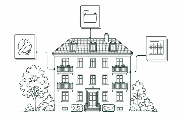 Illustration: Ein Wohnhaus verbindet Unterlagen, Instandhaltung und Abrechnung.